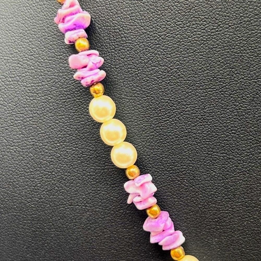Handcrafted Faux  Pearl & Shell Necklace With Lavender Accents.  A23 - Picture 5 of 9